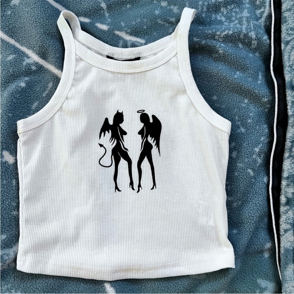 Women's Sleeveless Angel and Devil Going Out Crop Top - Picture 2 of 3